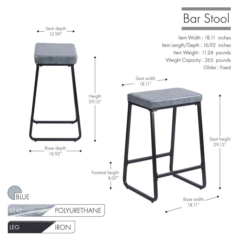 Ebern Designs Senga Bar Stools Set Of 2, Pu Leather, Iron Legs, Blue