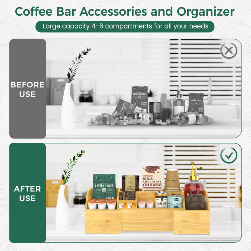 Bamboo Extendable Coffee Station Organizer with Multiple Compartments