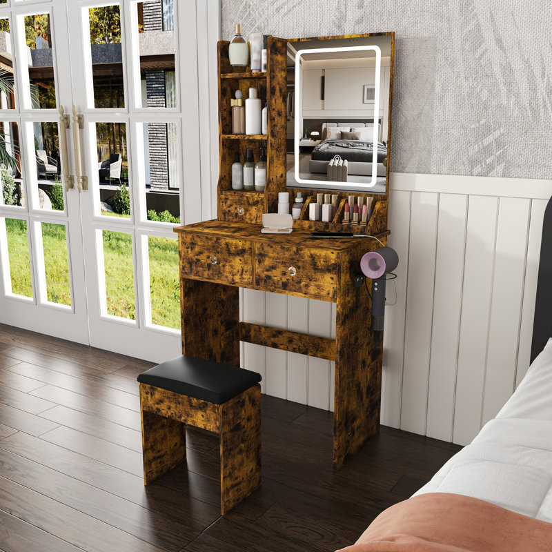 Petit meuble-lavabo moderne avec éclairage à DEL, prise de courant et tabouret