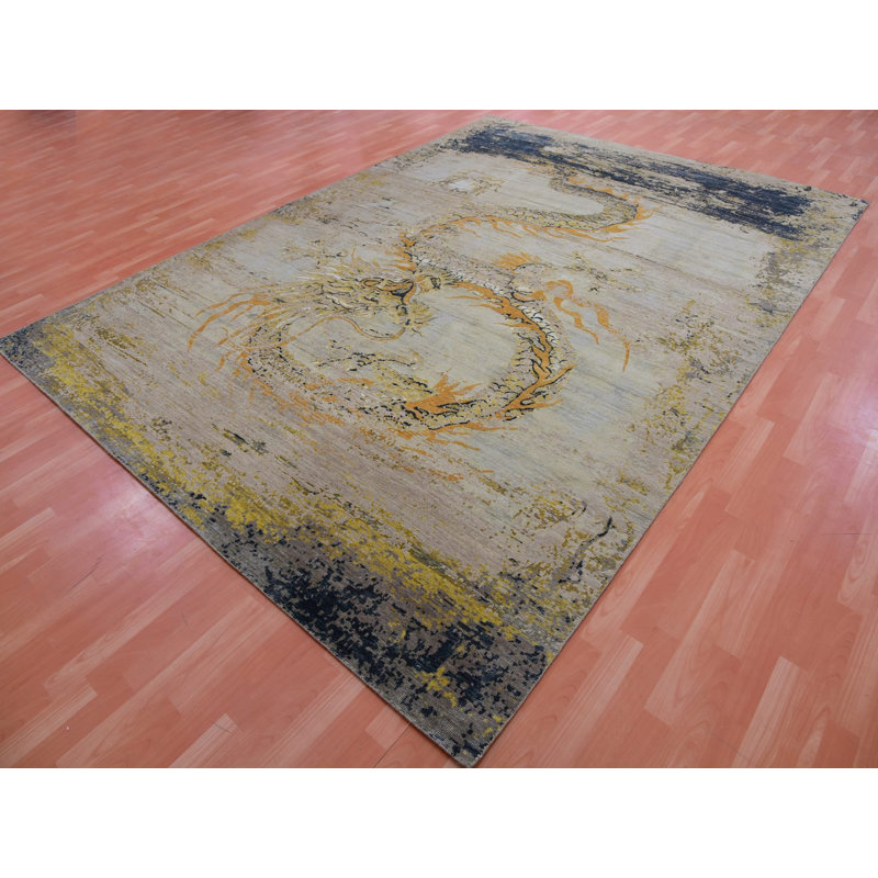 Tapis oriental rectangulaire en laine beige noué à la main 8 pi 11 po x 12 pi 2 po - MOA10275414