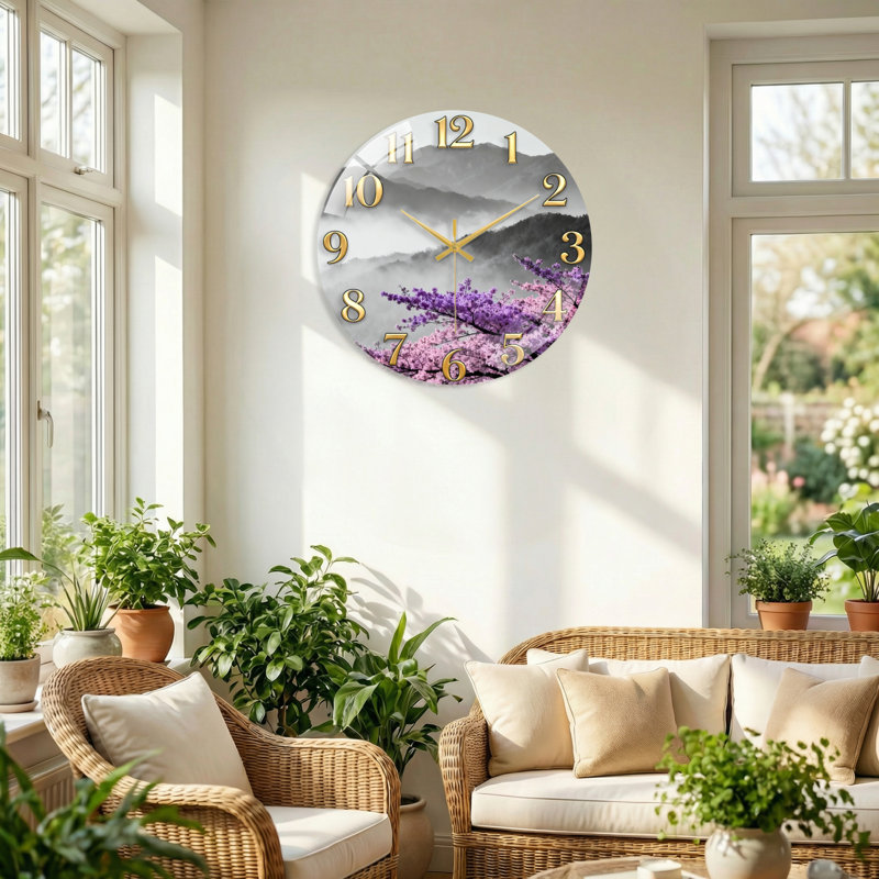 «Mountain Cherry», horloge murale en verre, 40 x 40 cm (15,7 x 15,7 pouces)