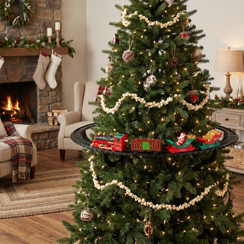 Train de Noël suspendu avec lumières, fumée, sons et musique, circuit de train miniature à installer sous l'arbre de Noël
