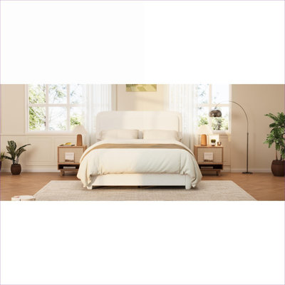 Curved Cloud Silhouette Platform Bed, Clean White Boucle Queen Size with Adjustable Headboard for Bedroom