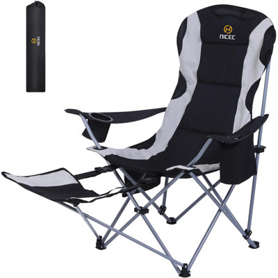 Folding Camping Chairs with Padded Cushion, Footrest, Side Pocket & Carry Bag (1 Pack, Black)
