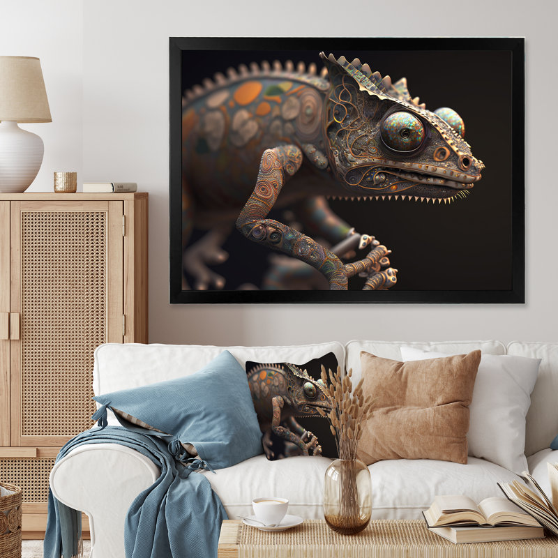 Gros plan sur un caméléon coloré, impression sur toile Zavier, Impression noire sur toile encadrée