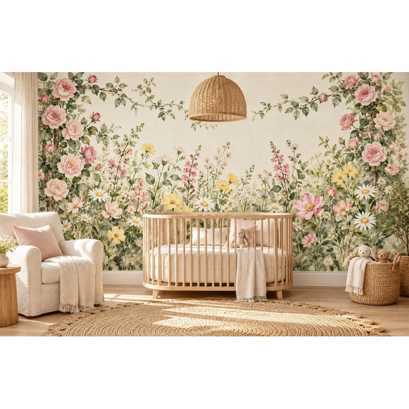 Climbing Rose Garden Wallpaper Mural, Peel and Stick Kids Room Wall Mural, Watercolor Flower Garden Nursery Wallpaper