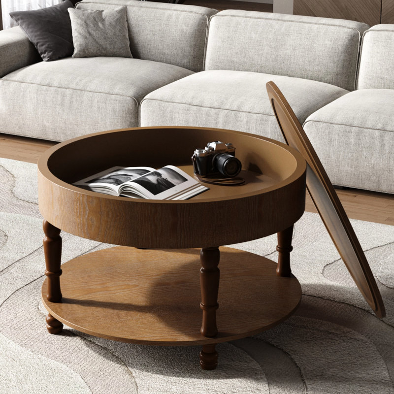 Table basse ronde de 31,5 po pour espace de vie principal, rangement à deux niveaux, compartiment rabattable, tablette ouverte, bois massif +, assemblage rapide, style noyer moderne avec compartiment caché,