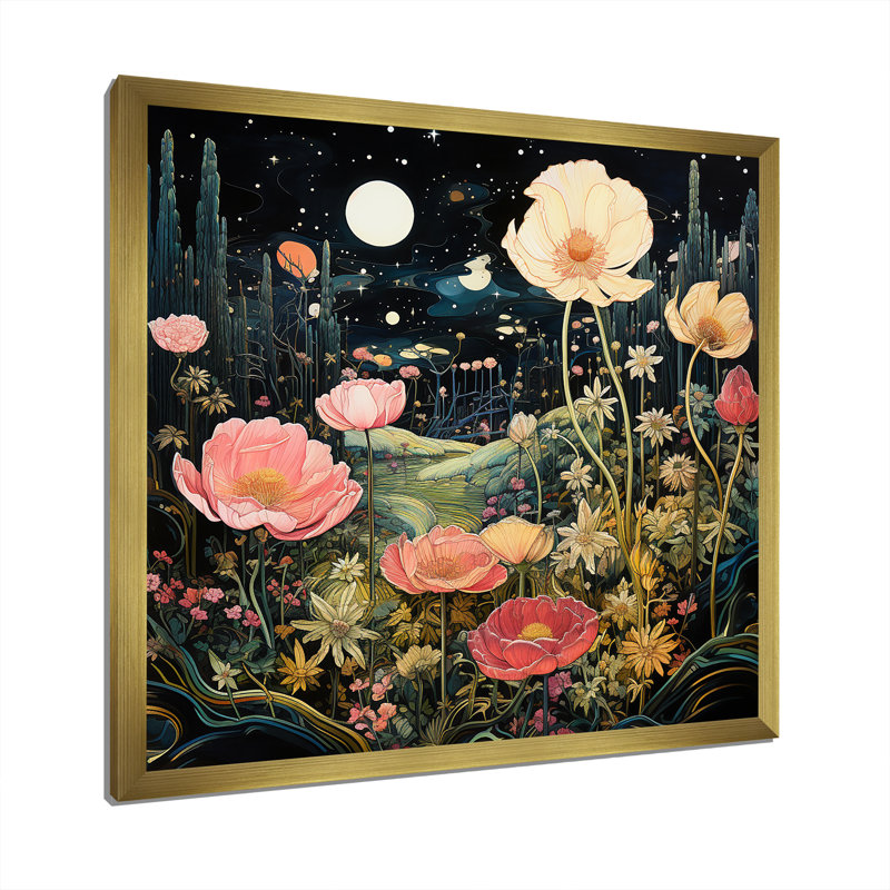Enigma, fleurs de jardin roses et vertes 1 - tachisme, art mural, Or, H 36 po x l 36 po