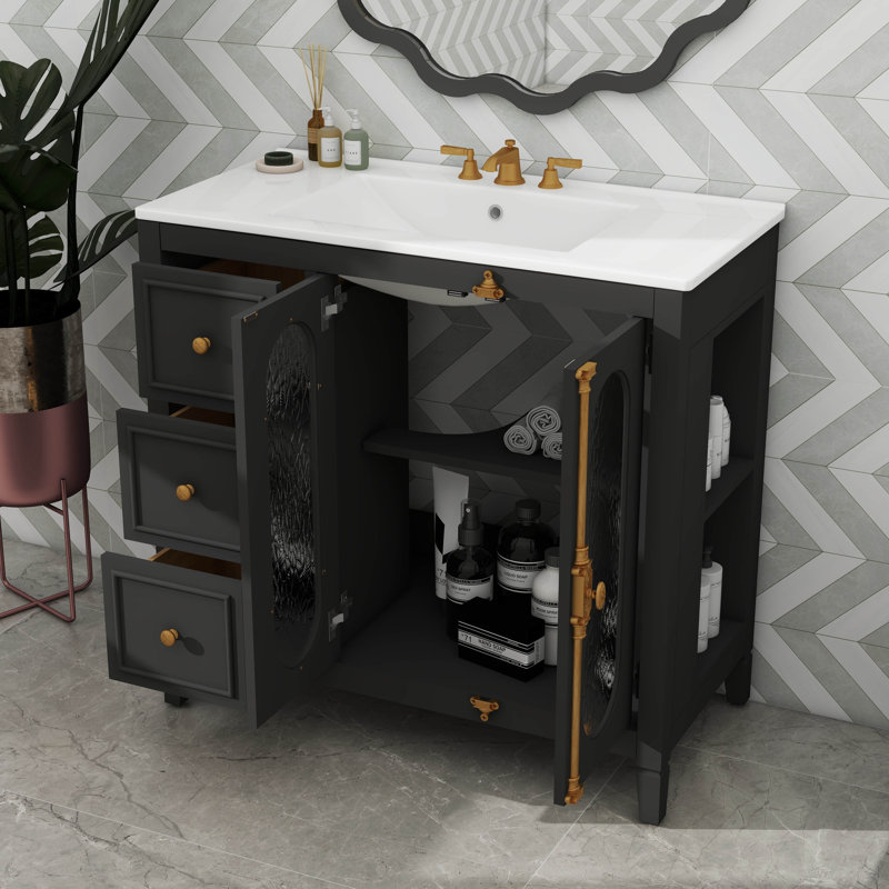 Meuble-lavabo moderne de 36 po avec 3 tiroirs et 2 portes à fermeture silencieuse, Noir