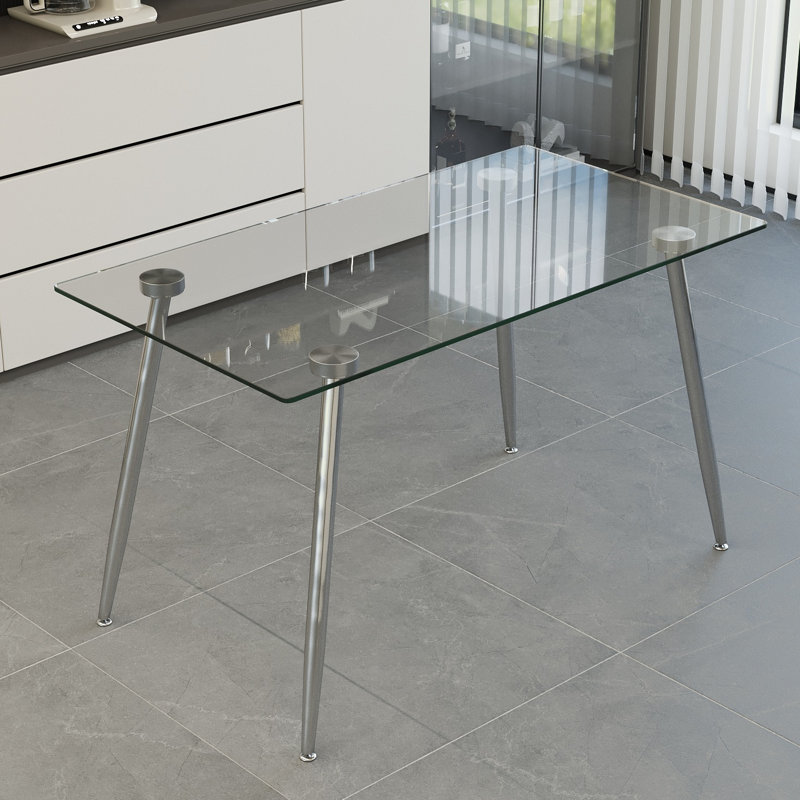 Table de salle à manger en verre, table rectangulaire moderne avec plateau en verre trempé et pieds en métal, table de cuisine simpliste, table polyvalente