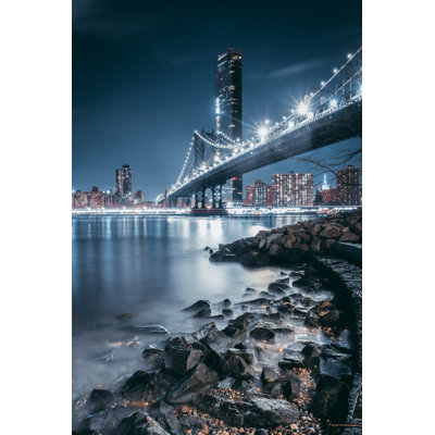 " Lit Up Bridge At Light, Light Bulbs, Over River, Rocks, Smooth Water "