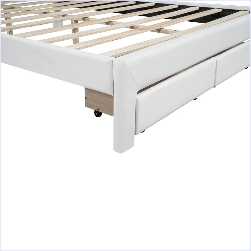 Lit plateforme tapissier avec tête de lit capitonnée, DEL et 2 tiroirs, Blanc, Grand lit