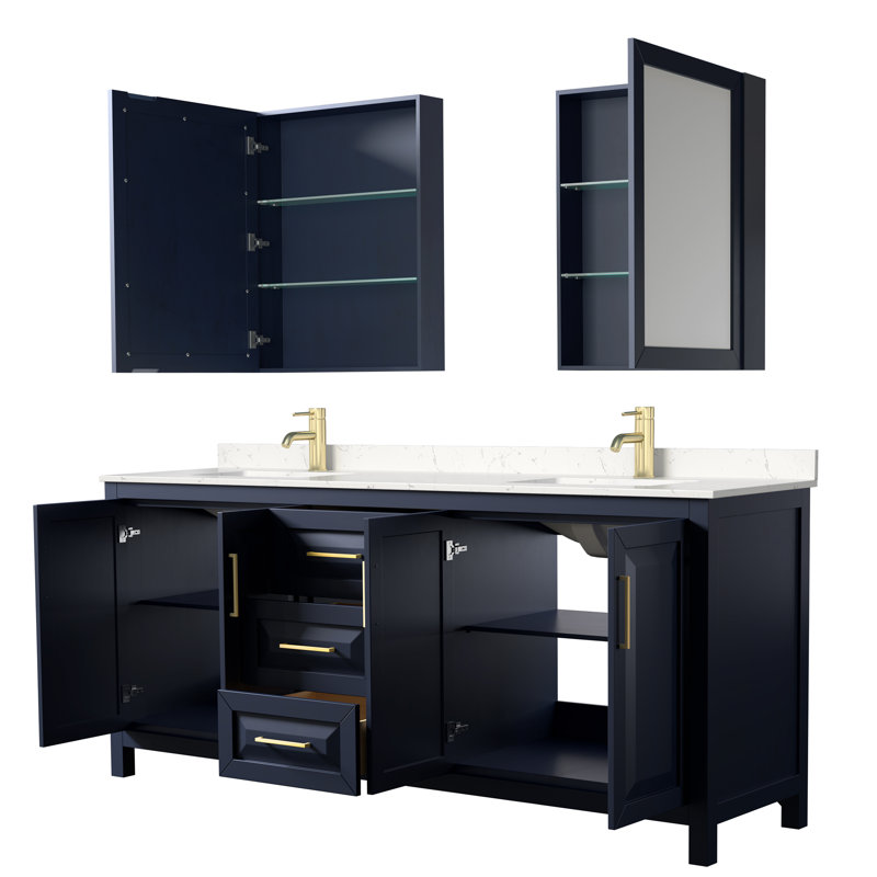 Daria 80'' W Double Vanity, Brushed Gold, Carrara Cultured Marble, Dark Blue
