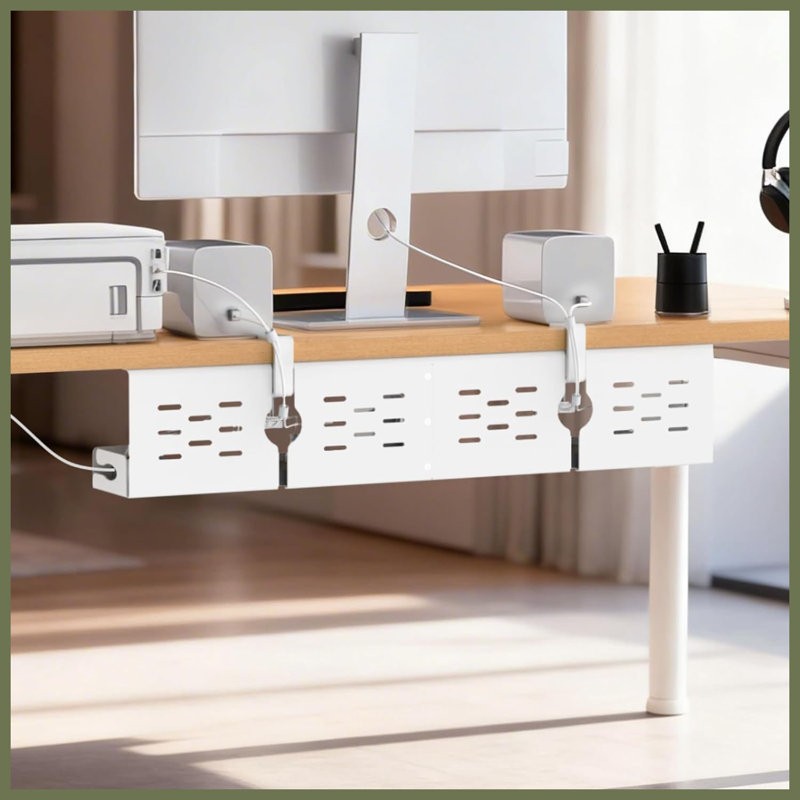 32 Inch White Under Desk Cable Management Tray, No-Drill C-Clamp & Screw Mount Steel Cord Organizer