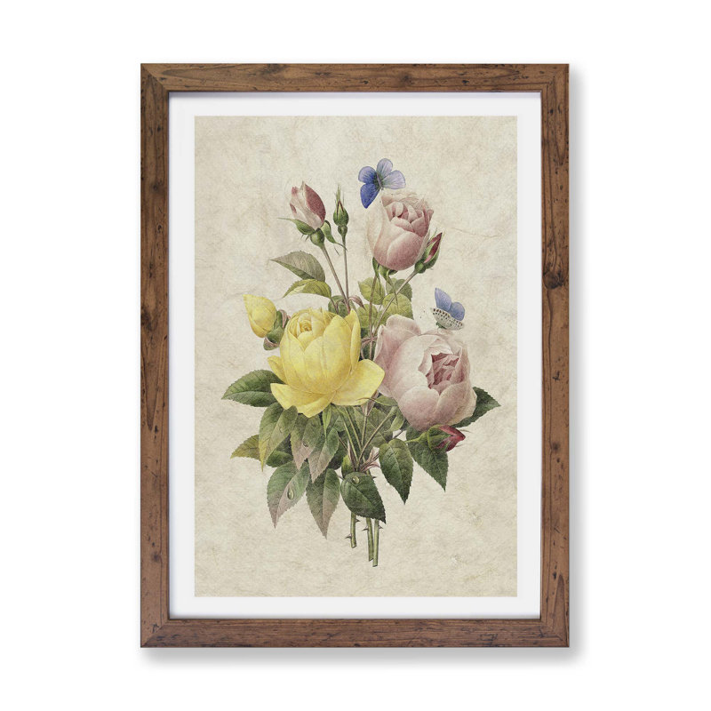 'Roses & Butterflies' by Pierre - Joseph Redoute - Picture Frame Painting Print on Paper, 24cm H x 33cm W x 2cm D, Walnut