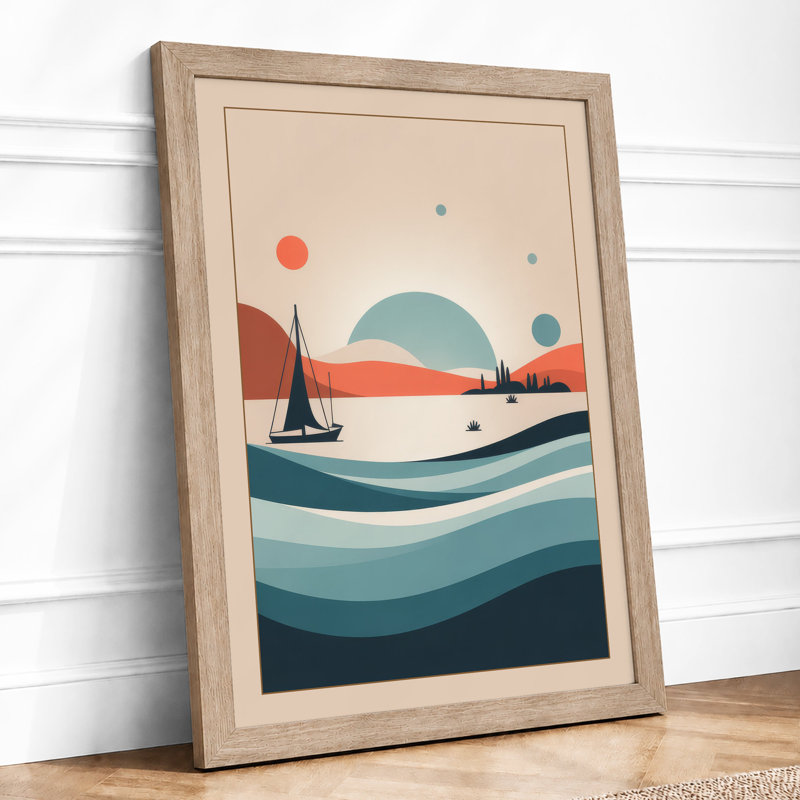 Sailboat at Dusk Coastal - Framed Print, A3 - 42.0 x 29.7 cm, Oak