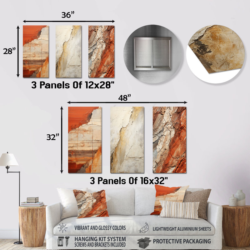 Earth Minimalist Fossils II - Abstract Collages, ensemble de 3 reproductions d'art en métal, H 28 po x l 36 po