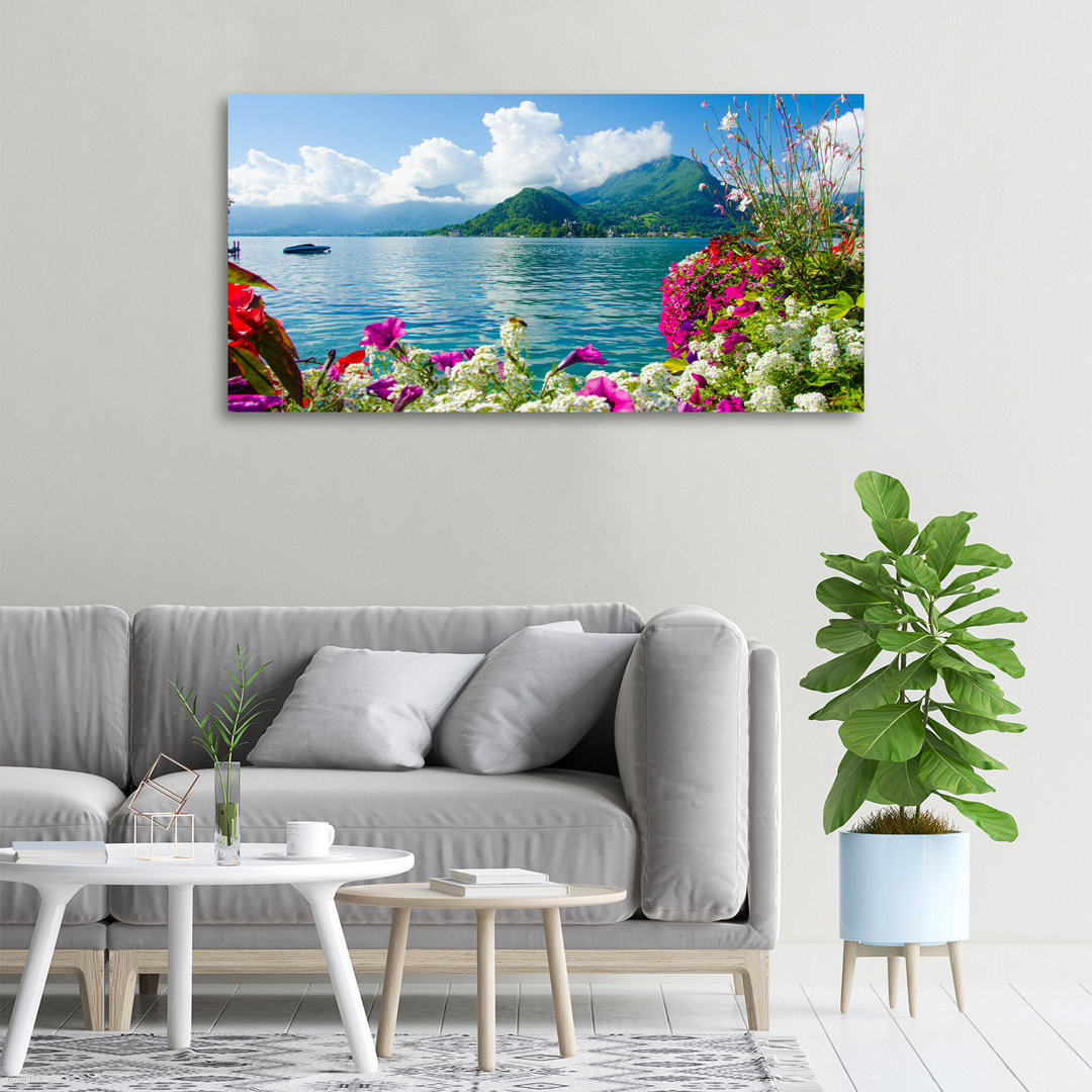 Leinwanddruck - Wandkunst - Drucke auf Leinwand - 100X50 Bildmotiv: Blumen am See