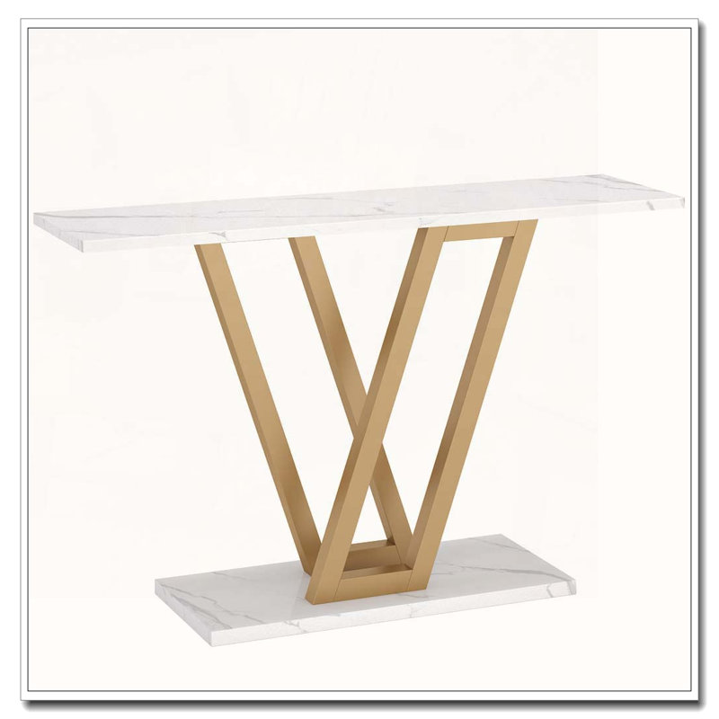 Console moderne avec plateau en faux marbre et pieds en V