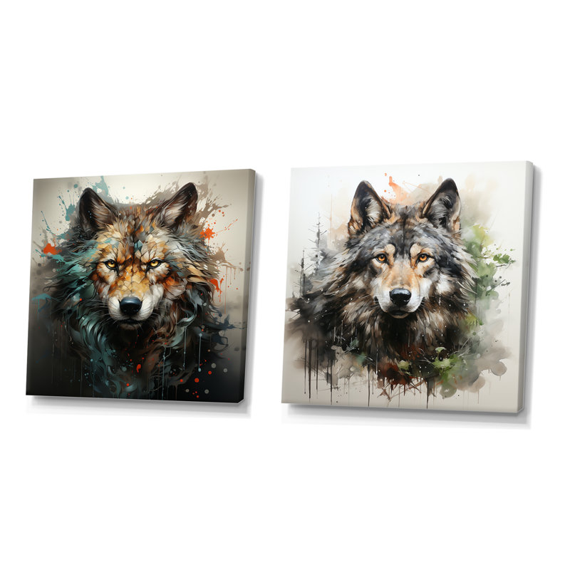 Solitude loup Portrait I - ensemble de 2 décorations murales loup, Toile tendue, H 16 po x l 33 po x P 1 po