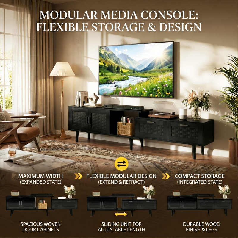 146-180CM Extendable Rattan Effect TV Stand With Solid Wood Legs, Adjustable Width Media Console With 2 Doors & 2 Drawers (Fits Up To 75" TV)