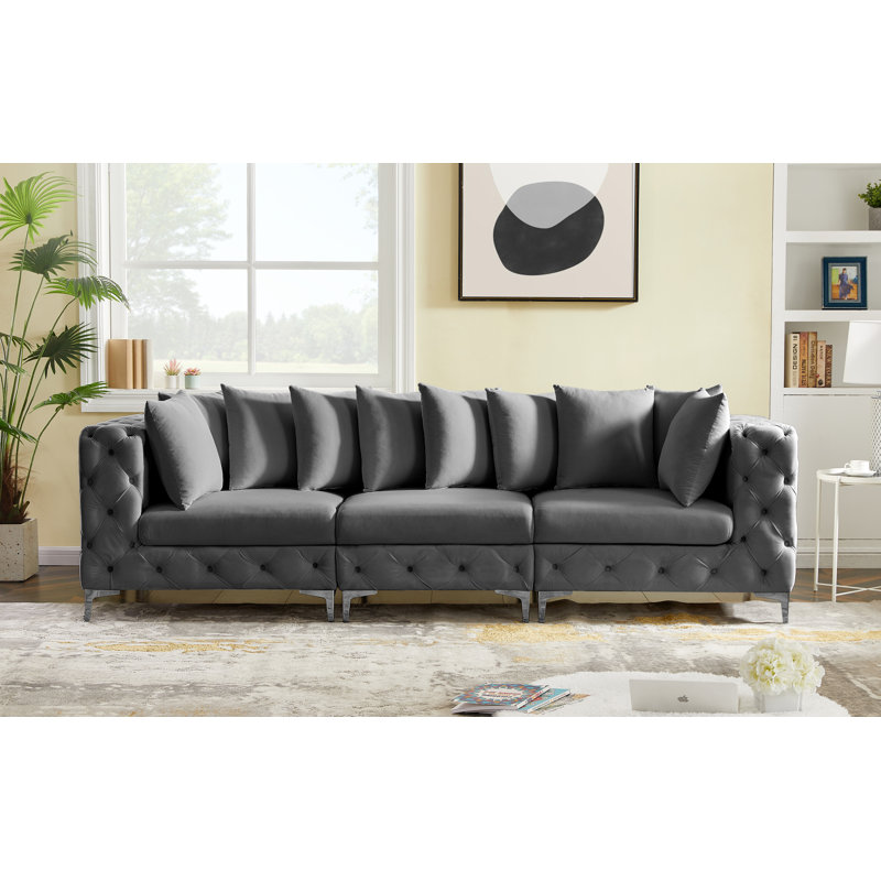 Izamar 109'' Velvet Sofa, Grey Velvet