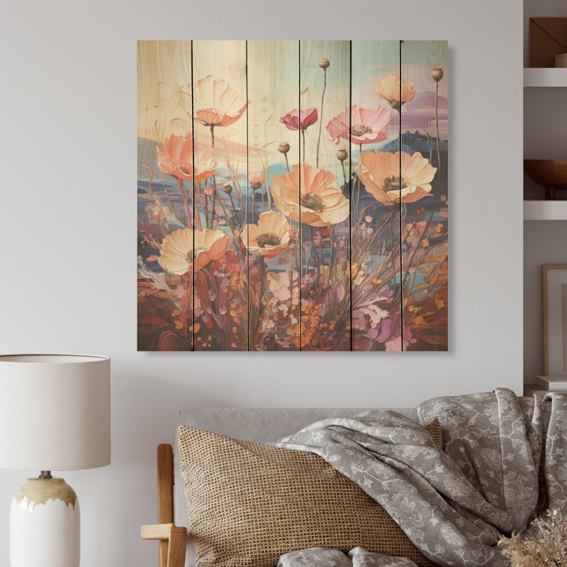 Multicolore fleurs champ liquide I - Art mural en bois champ de fleurs sur bois de pin naturel, H 36 po x l 36 po