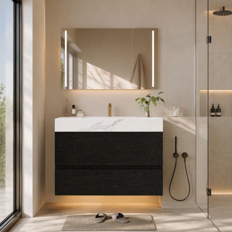 Freestanding Standard With Stone Top, Black