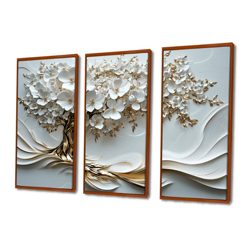 Cerisiers en fleurs blanc doré II - ensemble d'art mural cerisier en fleurs, Toile avec cadre flottant brun