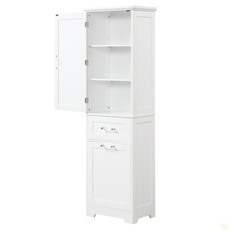 Grande armoire de rangement pour salle de bain, armoire de rangement autoportante avec deux tiroirs de tailles différentes et tablette réglable, panneau de fibres à densité moyenne avec finition peinte