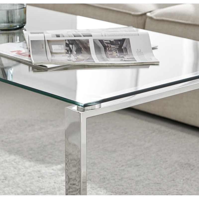 Eugenia Modern Sleek Sled Design Chrome Metal and Glass Coffee Table