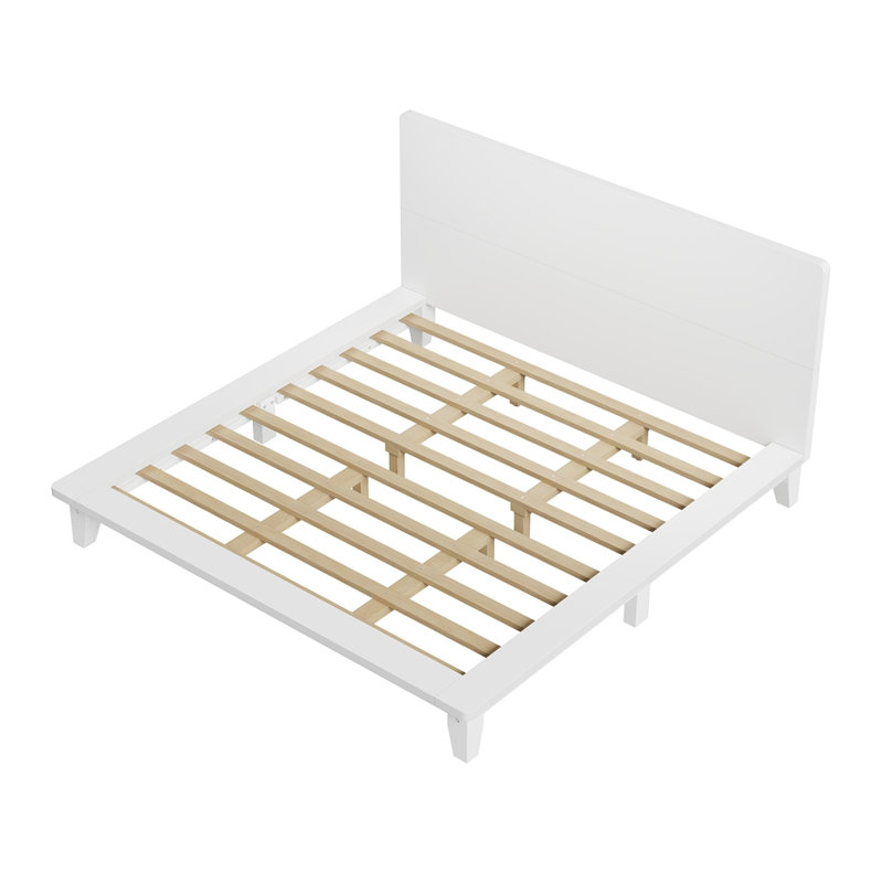 Base de lit plateforme avec tête de lit, support en lattes de bois, Très grand lit, Blanc