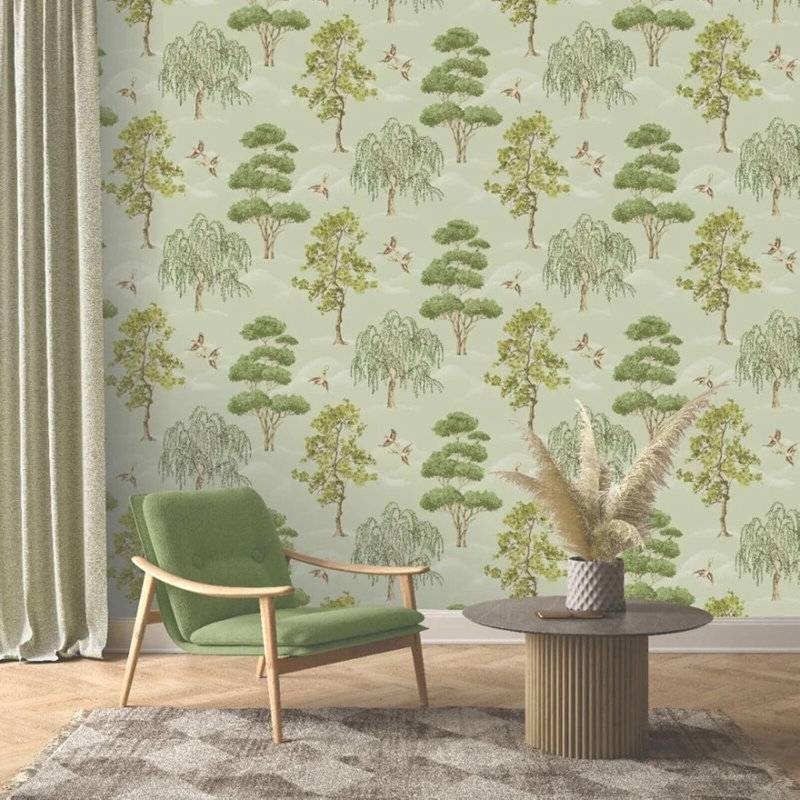 Mauve Green Willow Woodland Birds Trees Forest Vintage Paper Clevenger Matte Wallpaper Roll