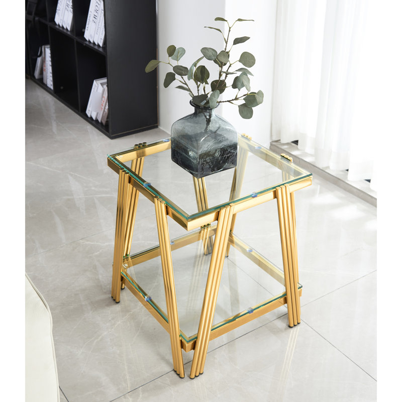Table de bout carrée de 20 pouces, matériau en acier inoxydable doré avec verre trempé transparent, table de rangement de bureau à domicile et côté double couche pour le bureau, mode industriel