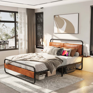 Metal Bed Frame With Upholstered Headboard, With Wireless Charging And USB A & USB C, Touch LED Light,Oval-Shaped Platform Bed With Under-Bed Storage, No Box Spring Needed