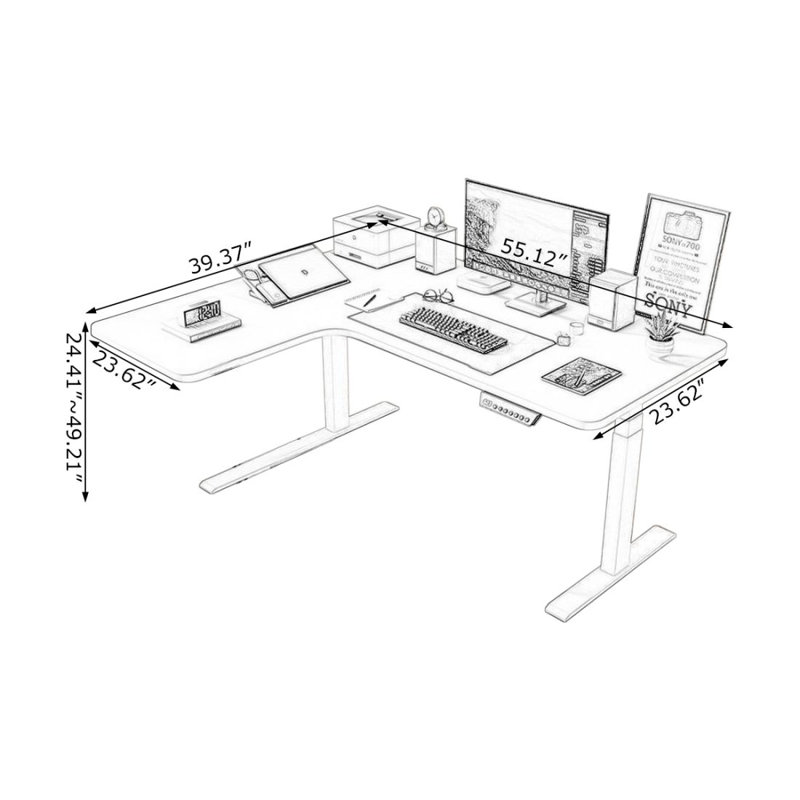 White Rectangular Manufactured Wood+Steel Writing desk, 29.53" H x 55.12" W x 39.37" D, Left Hand Return
