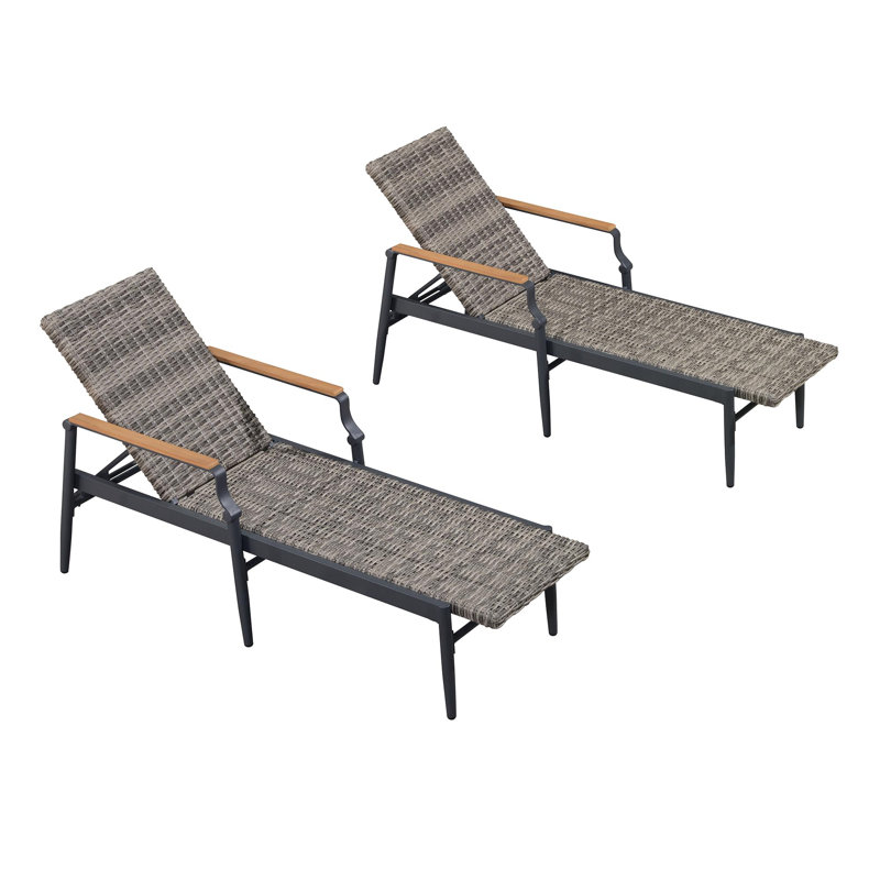  Ensemble de 2 chaises longues d'extérieur en osier avec accoudoirs en bois, Noir / gris