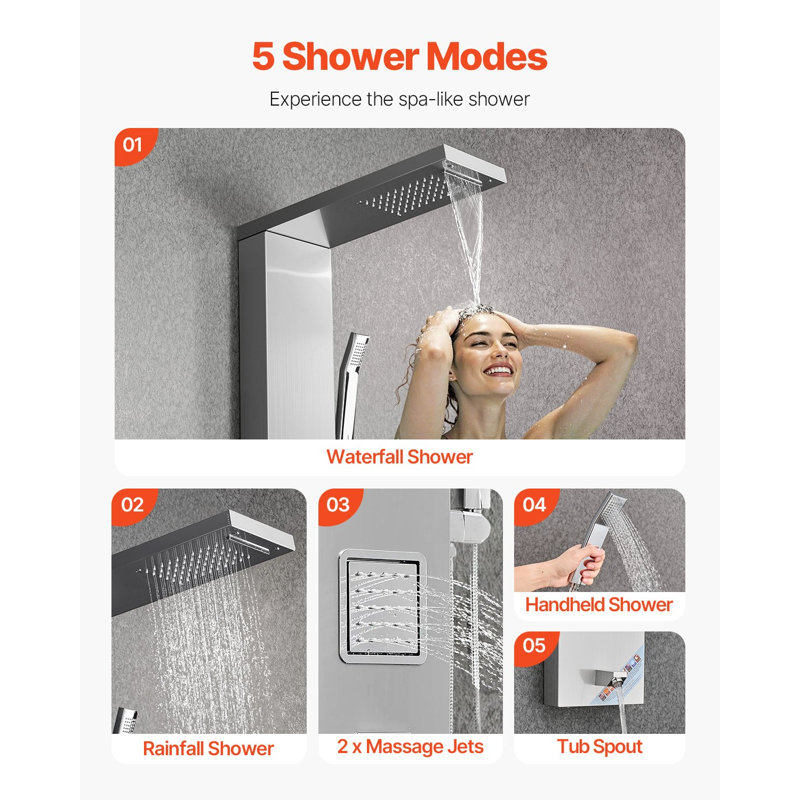Système de tour de douche avec pommeau de douche cascade, colonne de douche en acier inoxydable brossé de 53 po, robinet à 5 fonctions, système de massage mural avec 2 jets de corps, douchette, douchette de baignoire