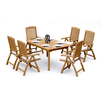 Ensemble de salle à manger en bois de teck Grade-A: table rectangulaire et chaises pliantes inclinables Marley # 11MR1306