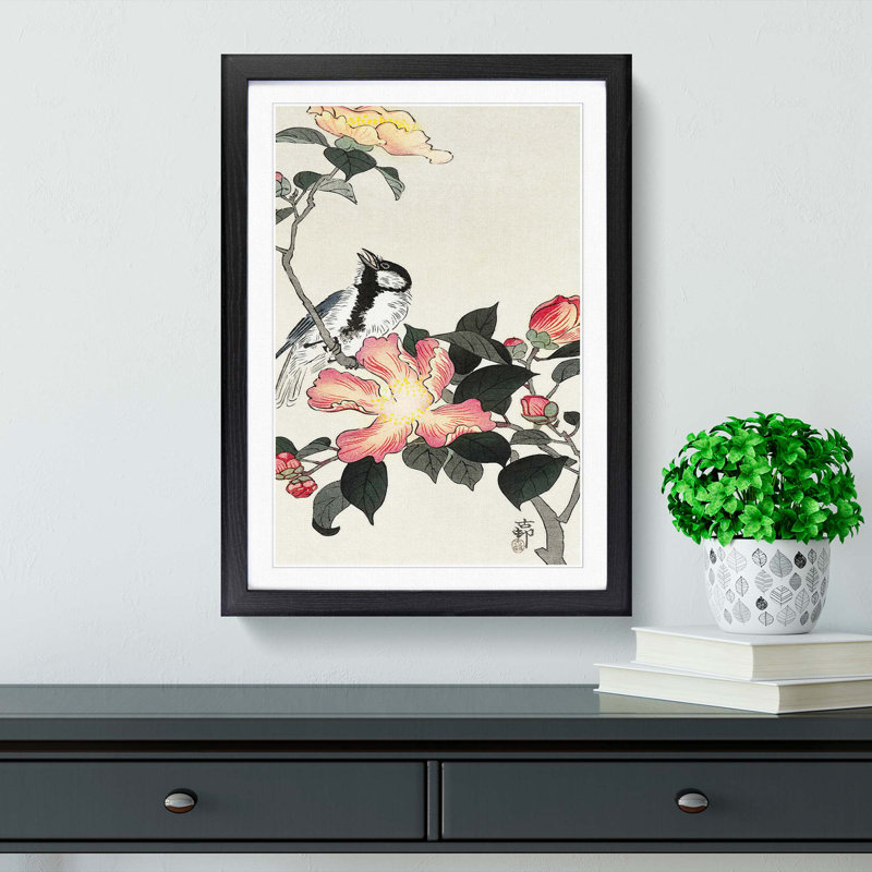 Great Tit on a Branch by Ohara Koson - Picture Frame Painting Print, 48cm H x 36cm W x 2cm D, Black Framed