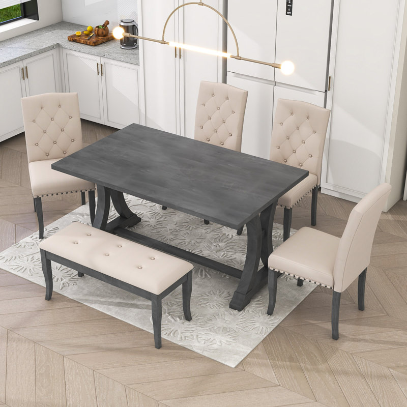 Tunnelhill 6-Piece Dining Set, Spacious Table with 4 Cushioned Chairs and Comfortable Bench, Antique Grey