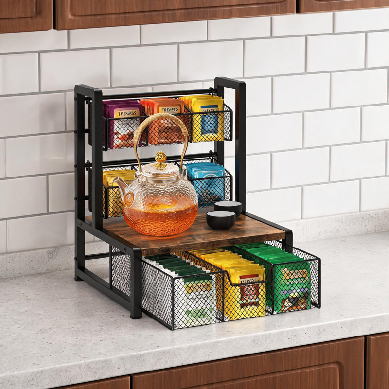 Organisateur de rangement pour sachets de thé à 3 niveaux, support à thé de bureau en fil métallique avec paniers en filet et plateau en bois, support à sachets de comptoir, support à compartiments multiples pour la cuisine, le café et le bureau