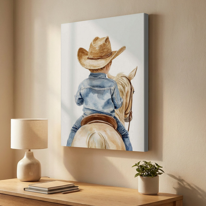 Aquarelle «Young Boy Cowboy Riding Horse», reproduction d'art sur toile tendue