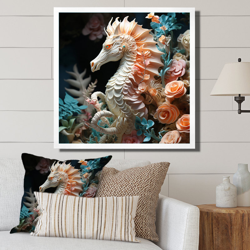 Hippocampe avec sanctuaire de fleurs - impression, H 30 po x l 30 po x P 1 po, Cadre simple blanc