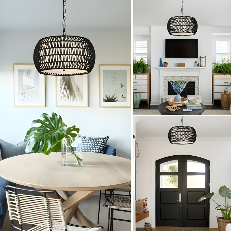 Anela Dimmable Drum Chandelier, 9.8" H x 19" W x 19" D, Black