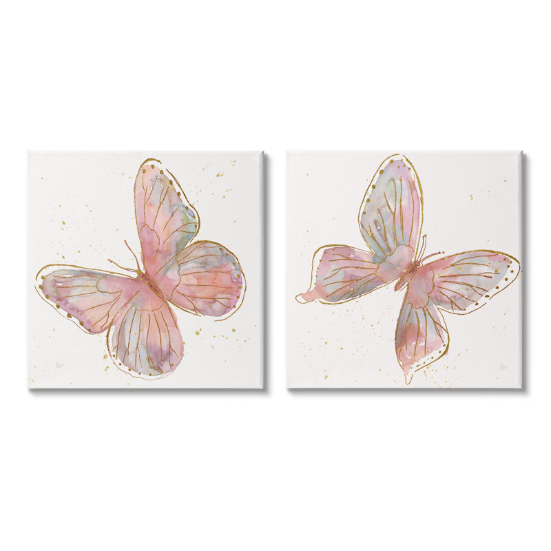 «Pink & Glam Butterflies Nature», ensemble d'art mural sur toile par Nan, H 17 po x l 17 po x P 1,5 po