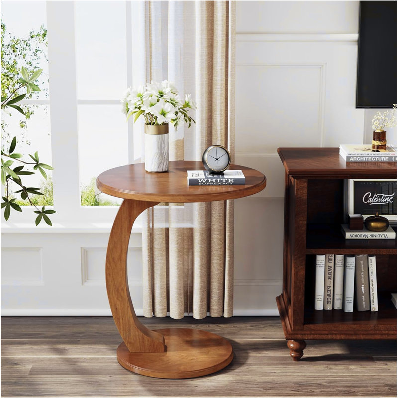 Table d'appoint ronde en forme de C 18,9 po pour petit canapé, table d'appoint pour le salon ou la chambre à coucher, table de chevet rétro Boho avec placage en bois massif, imperméable et résistante aux égratignures