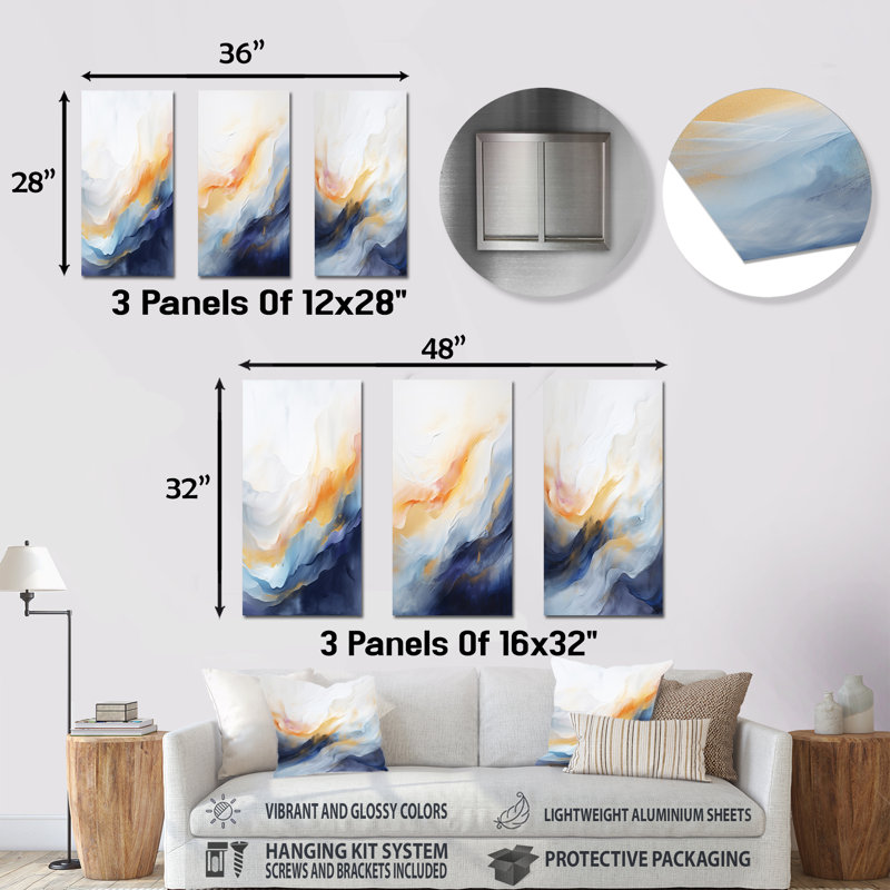 Tempête de marbre bleu et jaune I - ensemble de 3 peintures murales abstraites, 32" H x 48" W