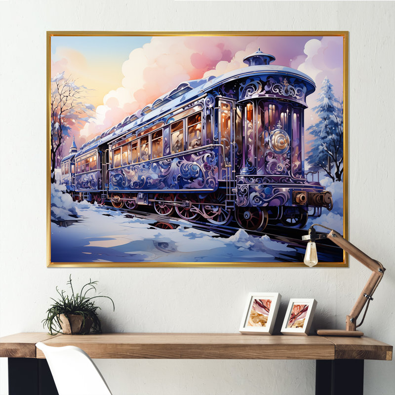 Voyage de Noël en train II - train, art mural, Cadre flottant doré, H 12 po x l 20 po x P 1 po