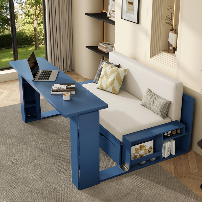Full Size Daybed With Removable Desk, Storage Drawers & Hydraulic Side Table, Blue, Full 
